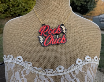Rock chick,female,feminism,spice girls,acrylic necklace,red necklace,lasercut necklace,music necklace,jewelry,statement necklace