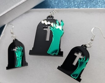 Tombstone Zombie Gift Set:Earrings and Necklace - Lasercut Acrylic Glitter Jewellery
