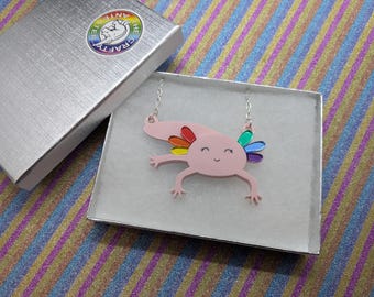 Axolotl,axolotl necklace,axolotl jewellery,fish necklace,fish jewellery,pride necklace,rainbow  necklace,acrylic necklace,lasercut necklace