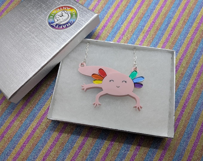 Featured listing image: Axolotl,axolotl necklace,axolotl jewellery,fish necklace,fish jewellery,pride necklace,rainbow  necklace,acrylic necklace,lasercut necklace