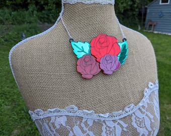 Flower necklace,flowers,roses,statement necklace,acrylic necklace,summer necklace,lasercut necklace