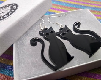 Pendientes de gato negro, pendientes de gato, pendientes, gato, pendientes de gato negro, pendientes de bruja, pendientes, joyería, pendientes cortados con láser