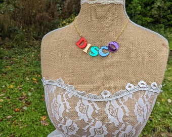 Disco, disco necklace, disco jewelry, disco jewellery, acrylic necklace, lasercut necklace, necklace,rainbow,pride