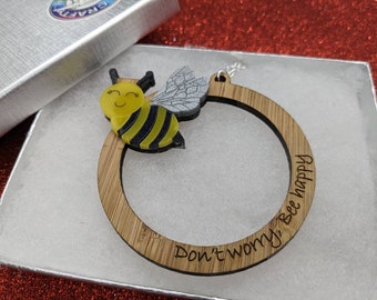 Bee happy necklace,happy,bee,acrylic necklace,wooden necklace,lasercut necklace,statement jewellery