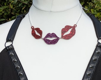 Lips,lips necklace,lips jewelry,lips jewellery,acrylic necklace,lasercut necklace,glitter necklace,ree necklace,purple necklace,fun necklace