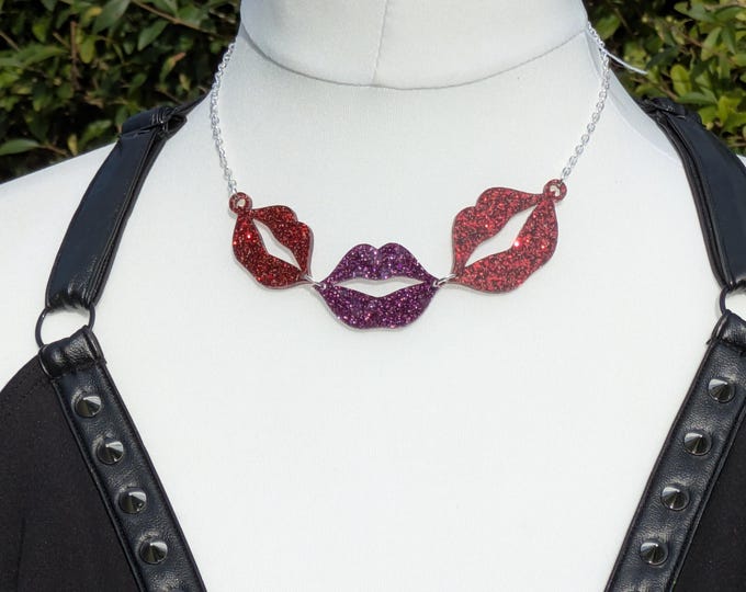 Featured listing image: Lips,lips necklace,lips jewelry,lips jewellery,acrylic necklace,lasercut necklace,glitter necklace,ree necklace,purple necklace,fun necklace