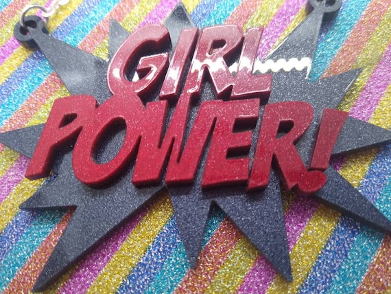Girl Power Acrylic Statement Necklace, Red Glitter, Silver Chain