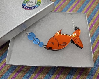 Goldfish,goldfish necklace,goldfish jewellery,fish necklace,fish jewellery,orange necklace,fun necklace,acrylic necklace,lasercut necklace