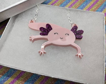 Axolotl,axolotl necklace,axolotl jewellery,fish necklace,fish jewellery,ocean necklace,fun necklace,acrylic necklace,lasercut necklace