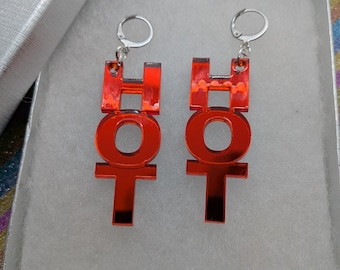 Hot Red Mirror Acrylic Earrings, earrings, silver earrings, hot, red earrings, shiny earrings,red hot, lasercut earrings