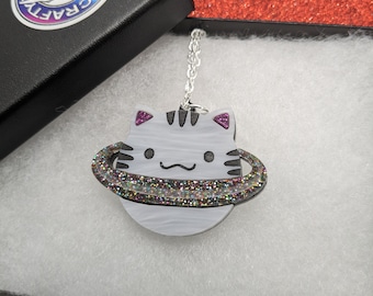 Cat necklace,cat planet,planetjewellery,statement necklace,acrylic necklace,saturn necklace,animal necklace,space necklace