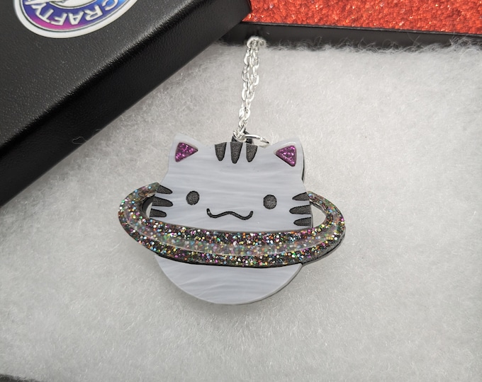Featured listing image: Cat necklace,cat planet,planetjewellery,statement necklace,acrylic necklace,saturn necklace,animal necklace,space necklace