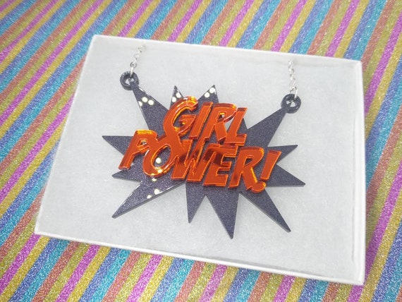 Girl Power Acrylic Statement Necklace, Orange & Glitter Black