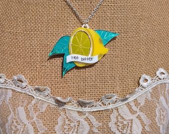 Acrylic Lemon "Not Bitter" Necklace Lasercut Summer Jewelry Silver Color Chain