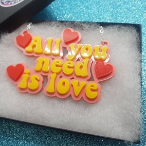 All You Need Is Love Acrylic Beatles Necklace, 60s Hippie Style