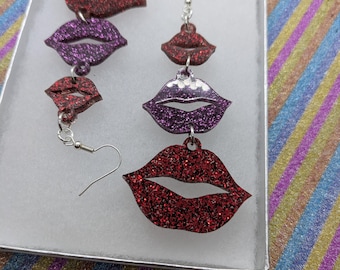Lips earrings,lips,lips jewellery,glitter earrings,acrylic earrings,lasercut earrings,red earrings,purple earrings
