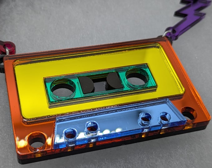 Featured listing image: Retro Acrylic Cassette Tape Necklace, 80s Music Jewelry, Premium Mirror Acrylic Version.