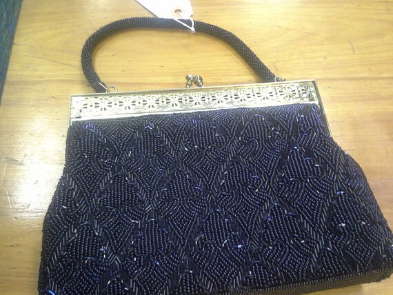 Delill gold framed black beaded sequined evening