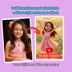 Puede incluir: Imagen que muestra la transformación de la foto de un niño en una caricatura al estilo Pixar. El texto dice: "¡Transformaré tu foto en una caricatura y video al estilo Pixar!" y "Tu hijo como un personaje de Pixar".