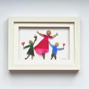 Danke Mama Kieselsteinbild, Happy Birthday, Mädchen und Junge mit Mutter/ Oma/ Lehrerin, Original Stein-Glas-Bild im 3D Rahmen