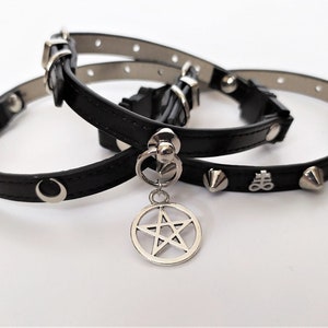 Gothic cat collar with moon, pentagram or studs and satanic symbol in vegan leather