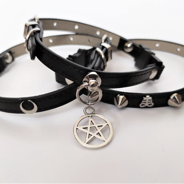 Collar de gato gótico con luna, pentagrama o tachuelas y símbolo satánico en cuero vegano
