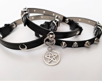 Gothic cat collar with moon, pentagram or studs and satanic symbol in vegan leather