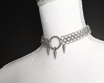 Chainmaille choker with spikes, gothic jewelry, o-ring collar, medieval armor