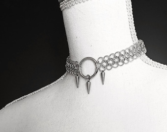 Chainmaille choker with spikes, gothic jewelry , stainless steel chain, o-ring collar, medieval armor