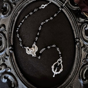 Victorian vampire gothic bat and dangle cross rosary necklace, trad goth