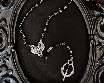 Victorian vampire gothic bat and dangle cross rosary necklace, trad goth