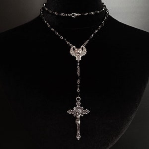 Victorian vampire long rosary necklace with bat and vintage silver cross, gothic jewellery