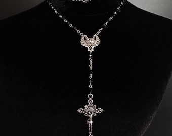 Victorian vampire long rosary necklace with bat and vintage silver cross, gothic jewellery