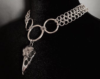 Crow skull gothic chainmail choker with o-rings, medieval armor necklace