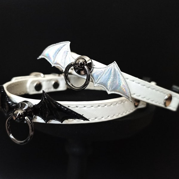 Gothic CAT collar in white pvc bat wings and breakaway system, vegan leather