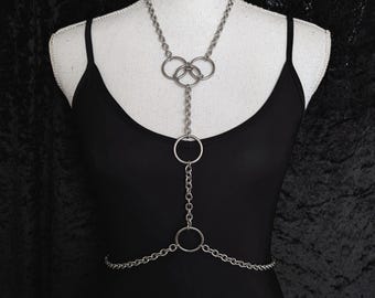 Body chain harness o-rings in stainless steel, gothic clubbing accessory