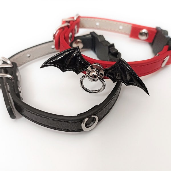 Gothic CAT collar in RED with black pvc bat wings and breakaway system, vegan leather