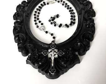 Gothic large cross rosary, black crystal beads, sacred heart, occult long necklace, witchy vibes