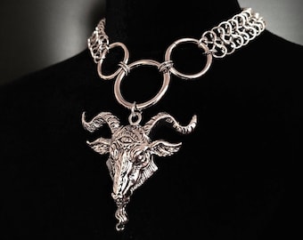 Satanic Chainmail gothic choker with Baphomet goat head or Inverted cross in stainless steel, medieval armor necklace