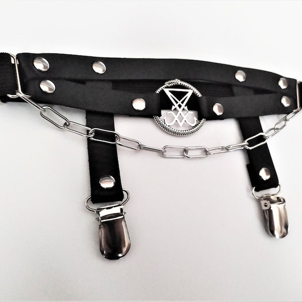 Leg garter with Sigil of Lucifer, metal garter clips and chunky chain | vegan leather