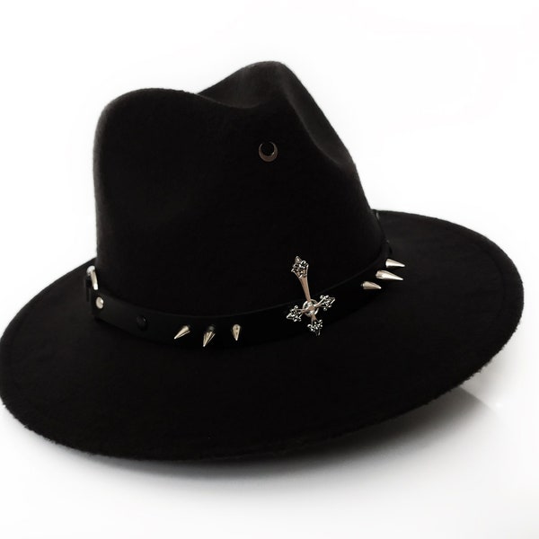 Witch spiked Fedora hat with inverted cross and moon, gothic wide brim hat