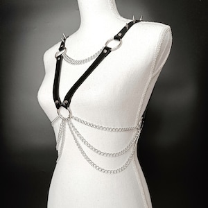 Harness chest layered chains and spiked studs, Vegan leather gothic lingerie