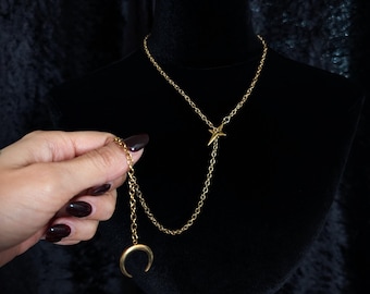 Celestial Lariat slip chain necklace crescent moon & cross star in GOLD stainless steel, gothic jewelry