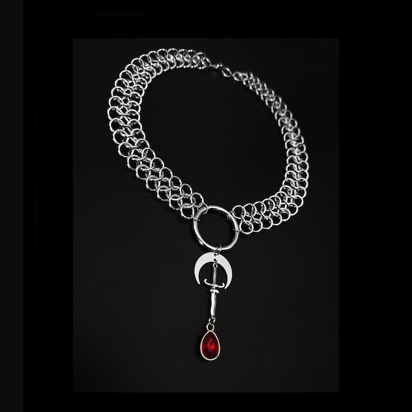 Chainmaille gothic choker with moon and crystal drop