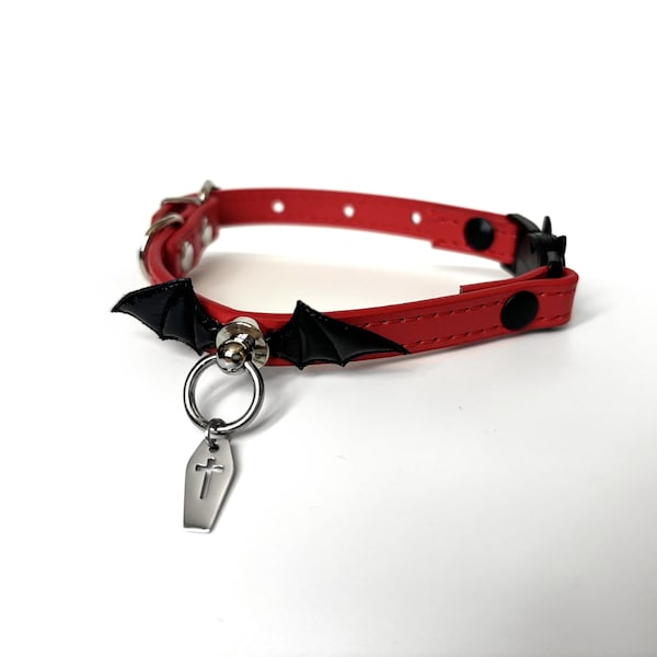 Gothic red cat collar vampire, PVC bat wings, coffin charm, safety breakaway system, luxury vegan leather