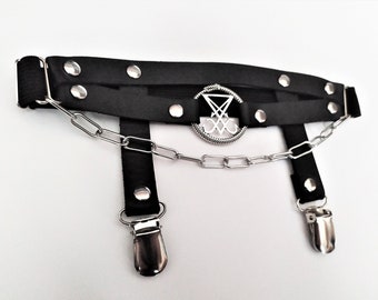 Leg garter with Sigil of Lucifer, metal garter clips and chunky chain | vegan leather