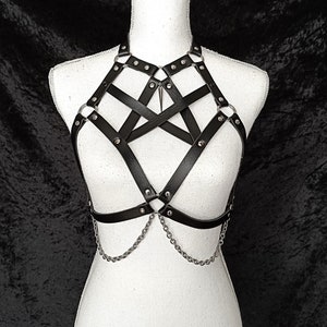 Pentagram Harness spiked cone chest straps with side chains, gothic lingerie, plus size available