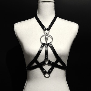 May include: Black leather harness with silver hardware and a skull pendant. The harness has multiple straps and rings.