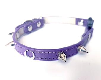 May include: Purple leather dog collar with silver spikes and a crescent moon design.