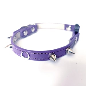 Gothic CAT collar purple with moon, spiked studs and breakaway system, vegan leather